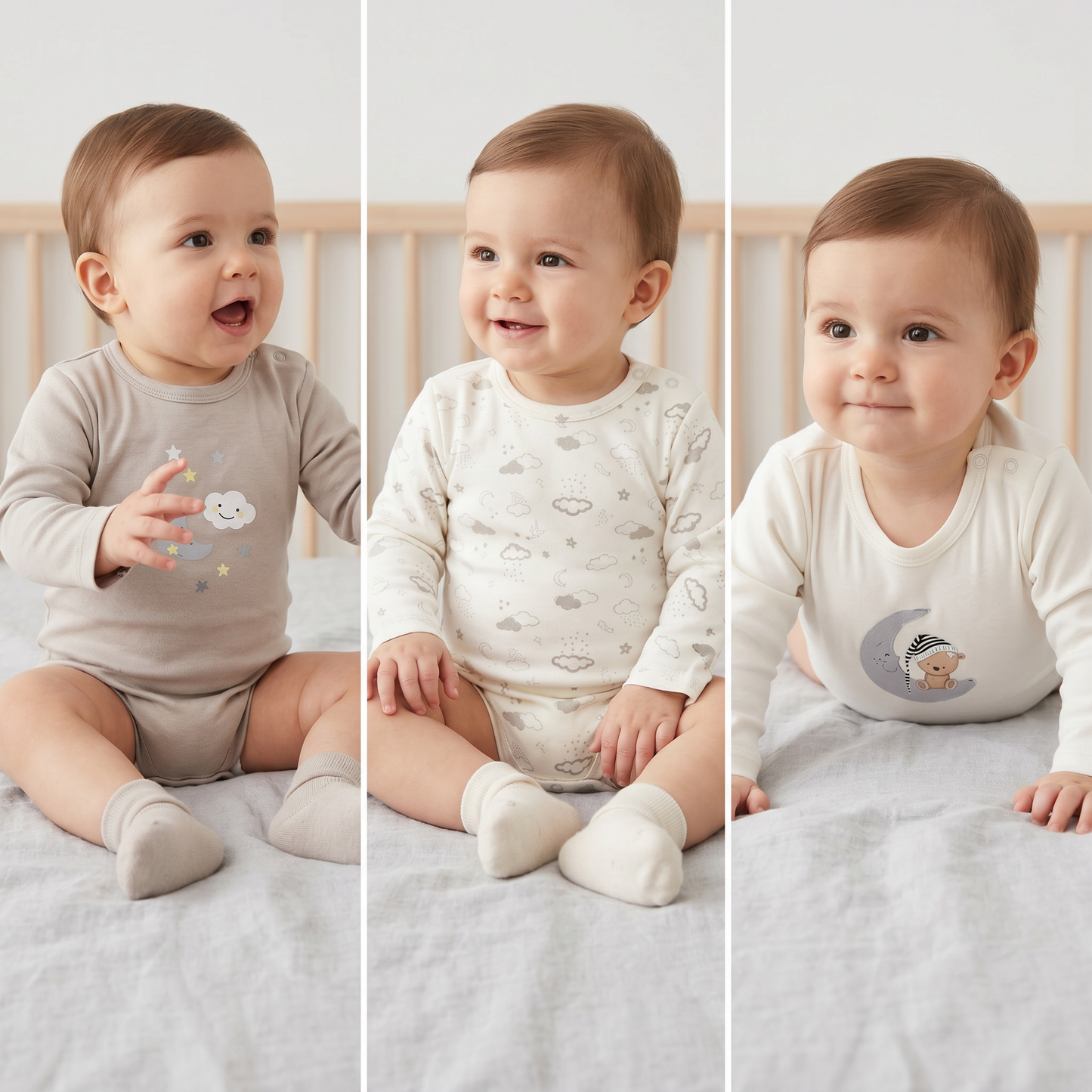 100% Egyptian Cotton Baby Full-Sleeve Bodysuits - Multipack
