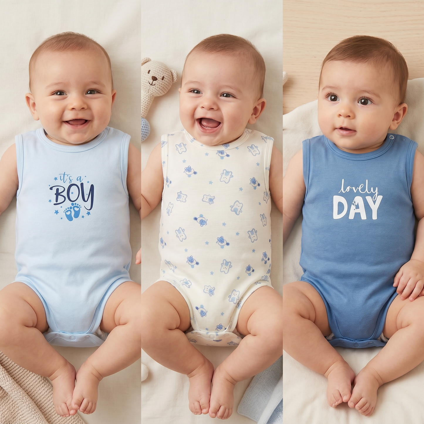 100% Egyptian Cotton Baby Sleeveless Bodysuits - Multipack