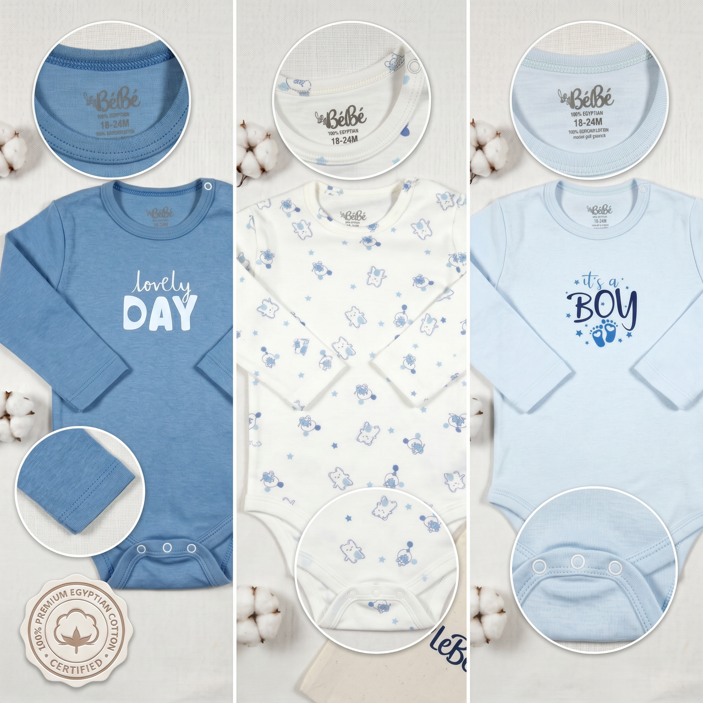 100% Egyptian Cotton Baby Full-Sleeve Bodysuits - Multipack