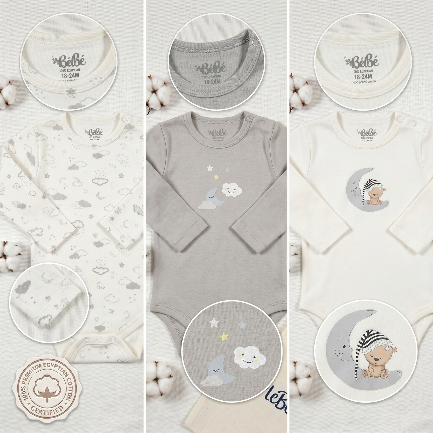 100% Egyptian Cotton Baby Full-Sleeve Bodysuits - Multipack