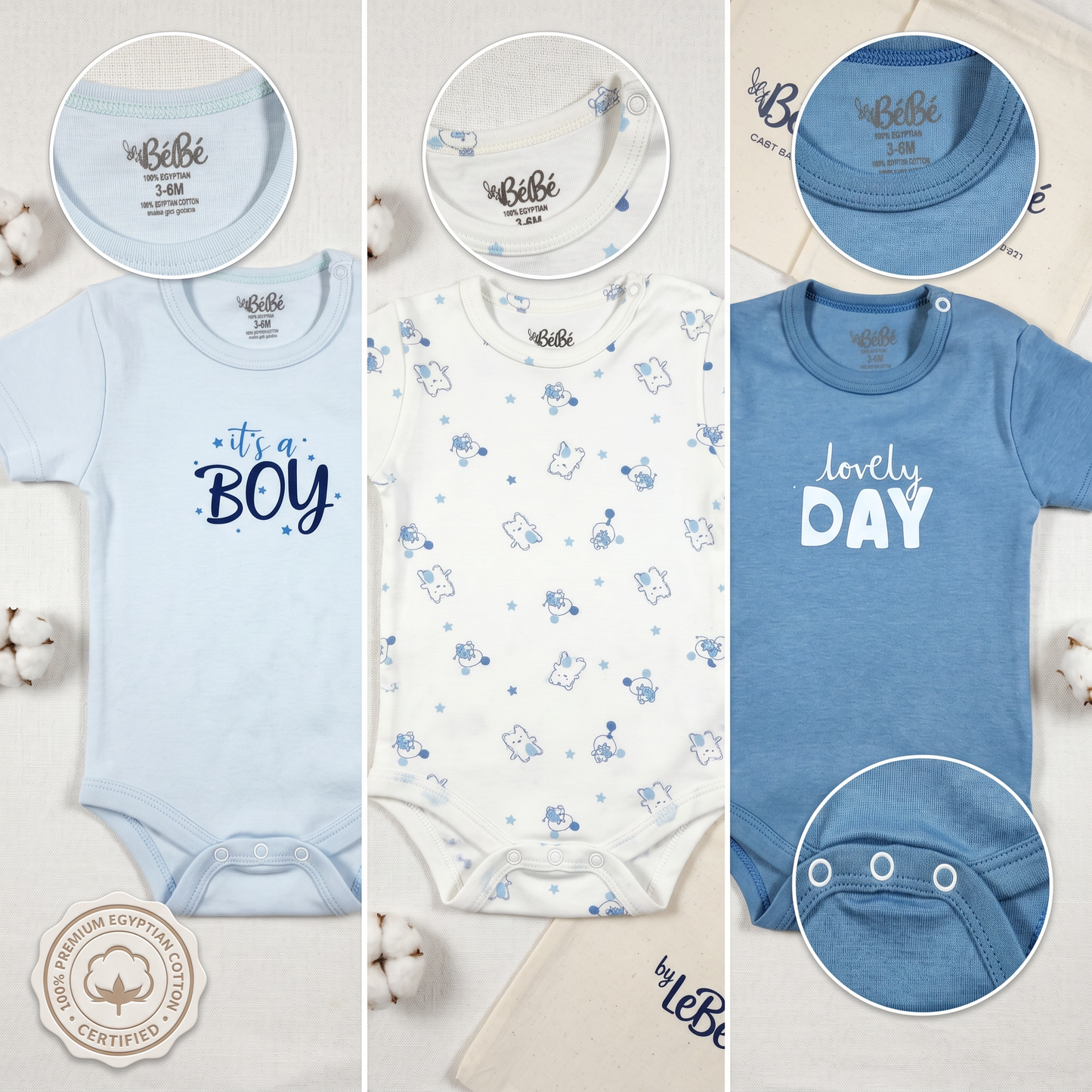 100% Egyptian Cotton Baby Half-Sleeve Bodysuits - Multipack