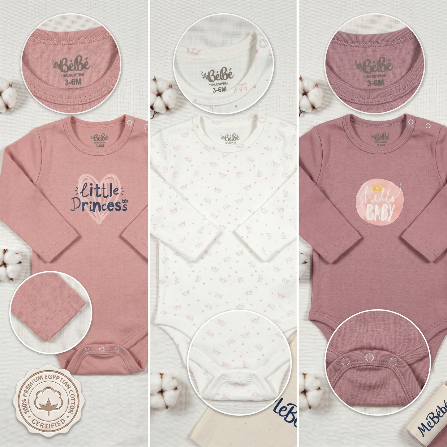 100% Egyptian Cotton Baby Full-Sleeve Bodysuits - Multipack