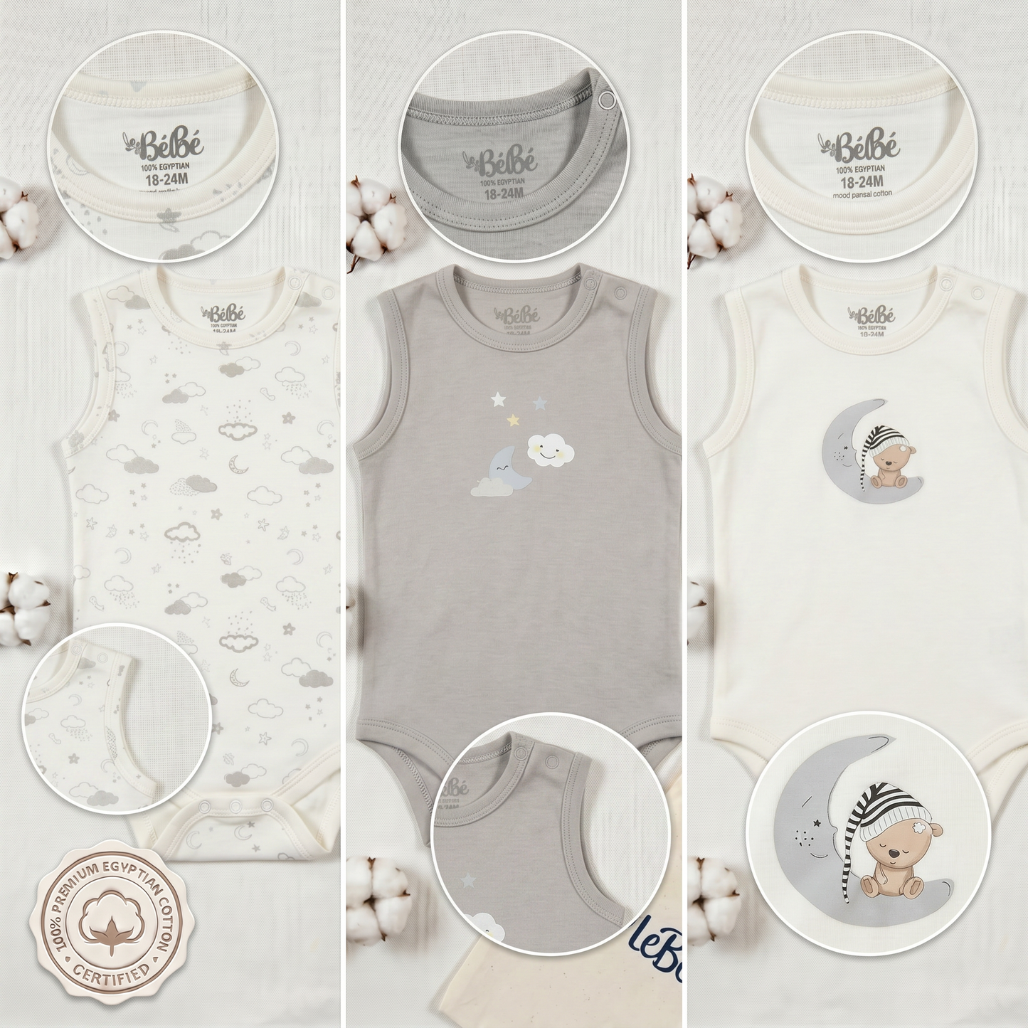 100% Egyptian Cotton Baby Sleeveless Bodysuits - Multipack