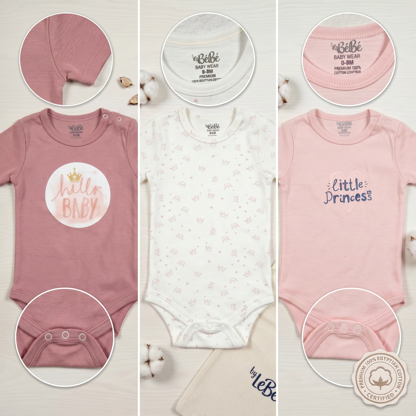 100% Egyptian Cotton Baby Half-Sleeve Bodysuits - Multipack